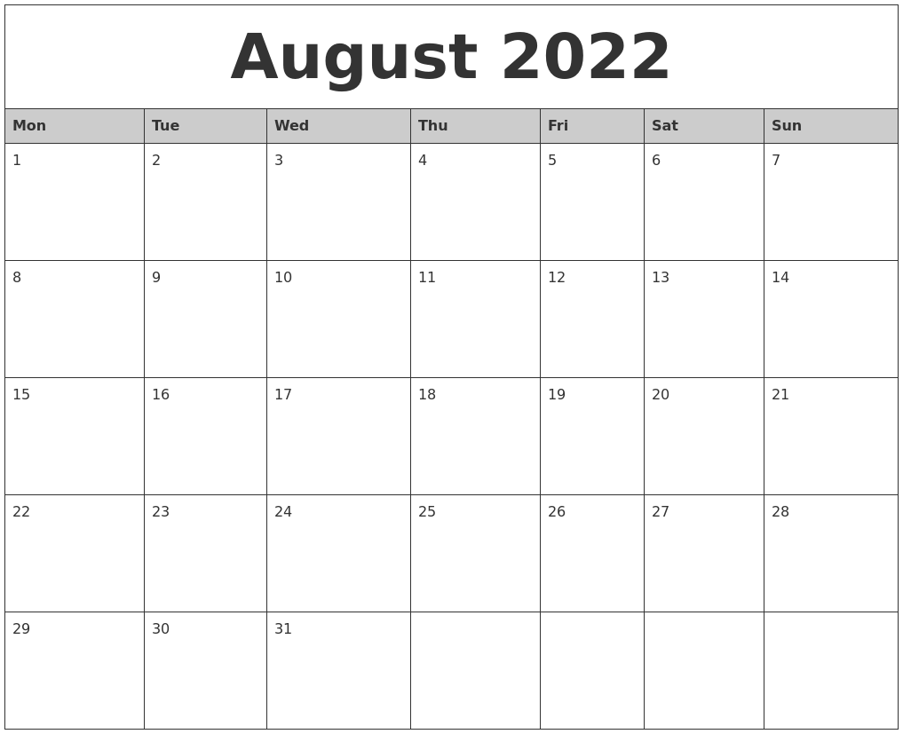 August 2022 Monthly Calendar Printable