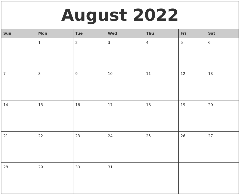 August 2022 Monthly Calendar Printable