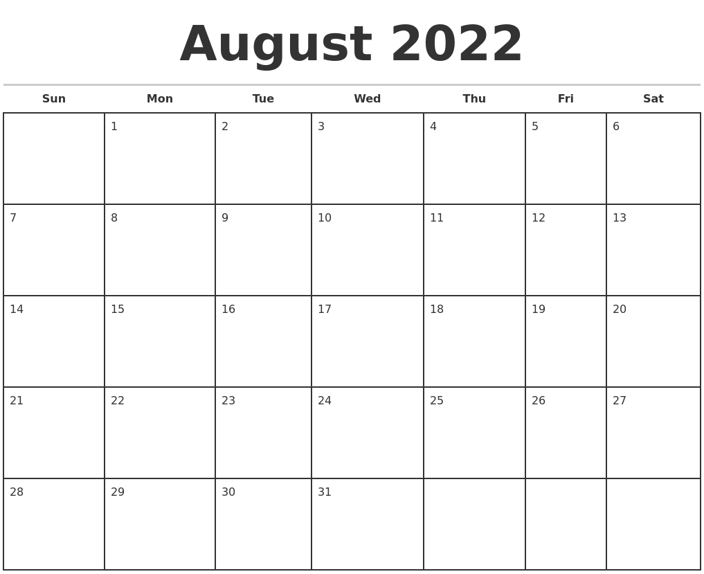 August 2022 Monthly Calendar Template
