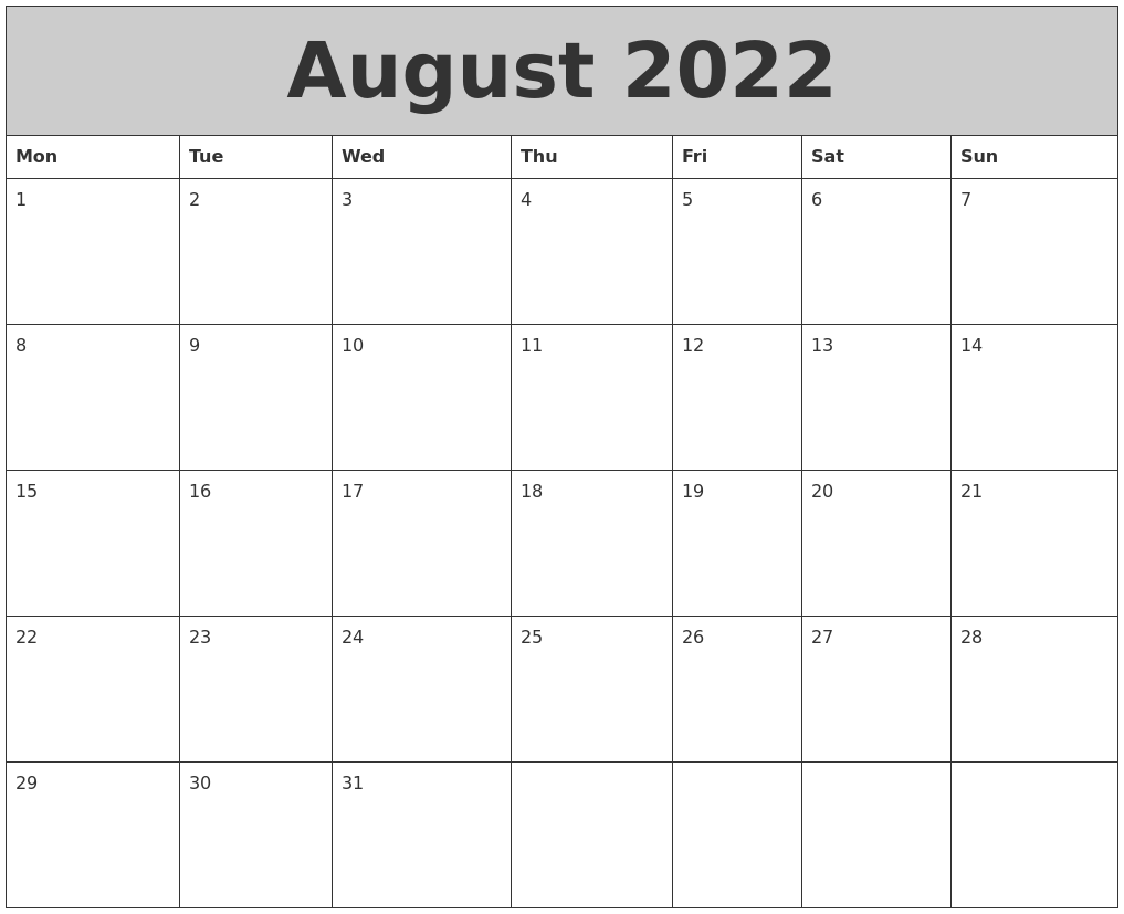 August 2022 My Calendar