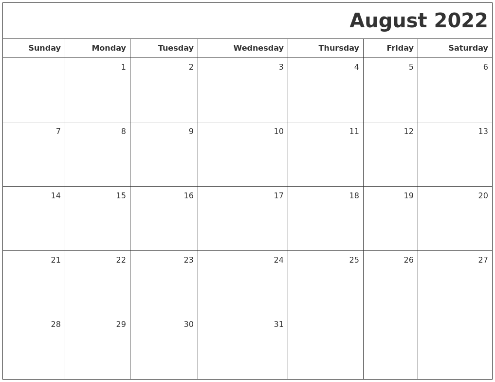 August 2022 Printable Blank Calendar