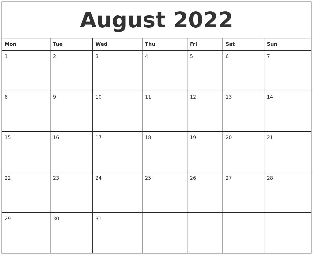 August 2022 Printable Monthly Calendar