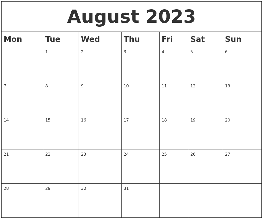 August 2023 Blank Calendar