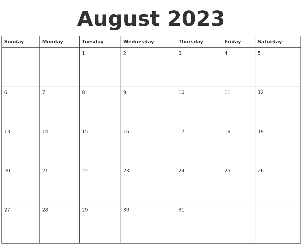 August 2023 Blank Calendar Template