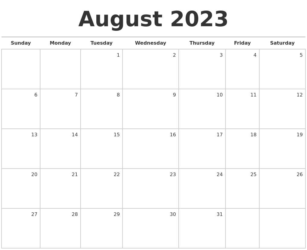 August 2023 Blank Monthly Calendar