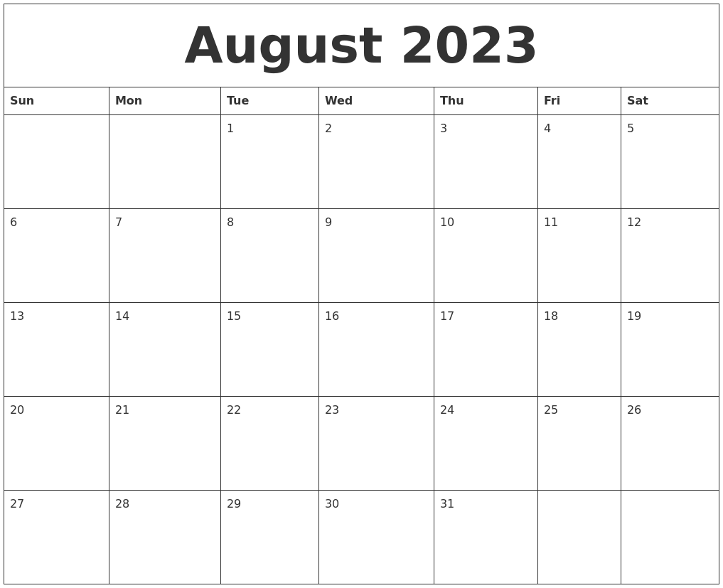 August 2023 Blank Monthly Calendar Template