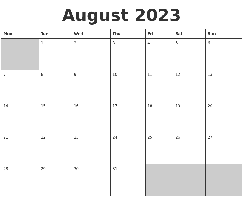 August 2023 Blank Printable Calendar