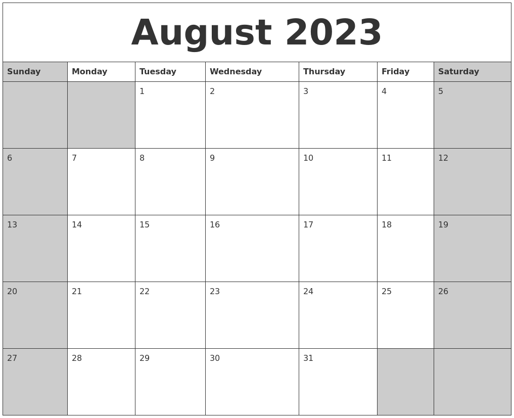 August 2023 Calanders