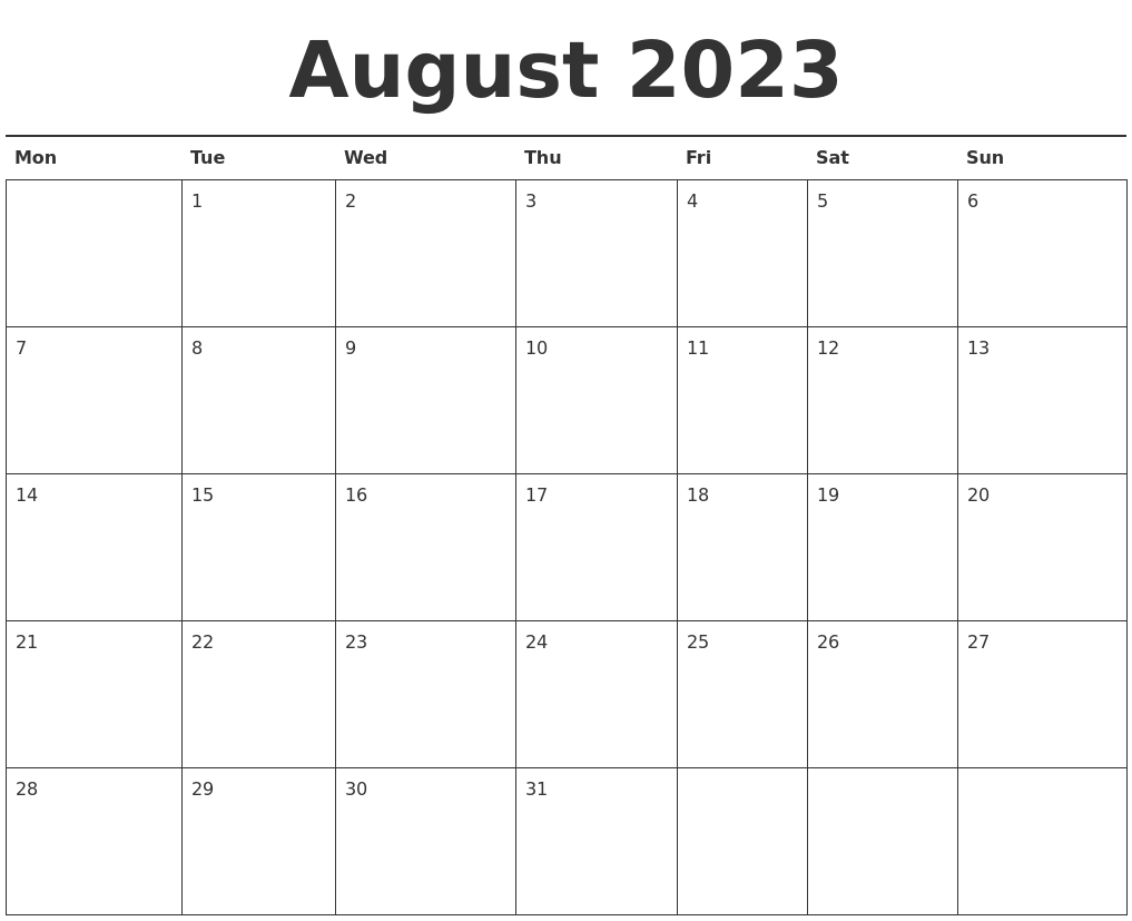 August 2023 Calendar Printable August 2023 Calendar Printable