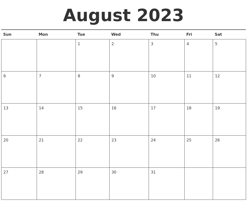 August 2023 Calendar Printable