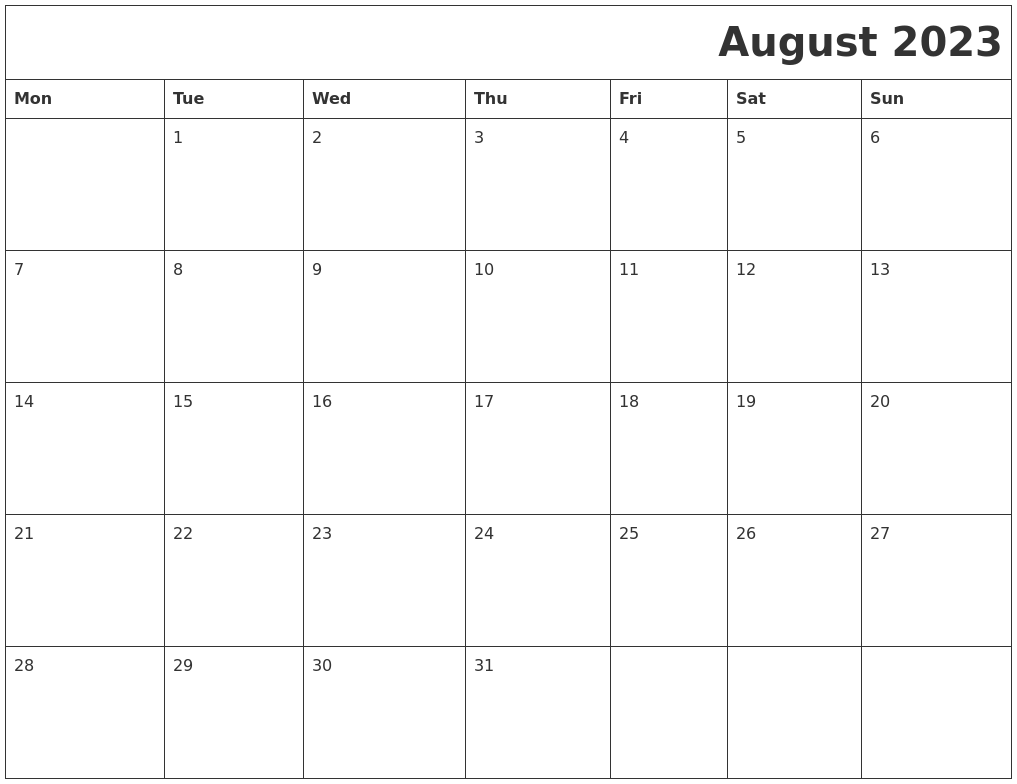 August 2023 Download Calendar