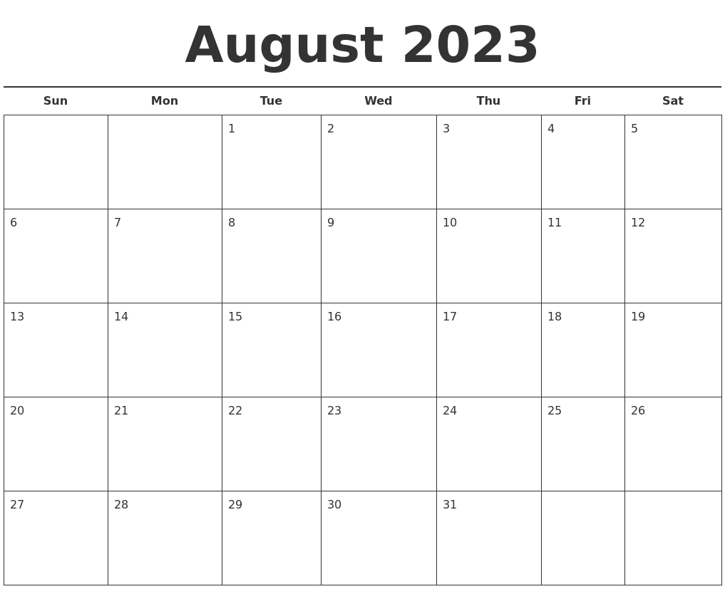 August 2023 Free Calendar Template