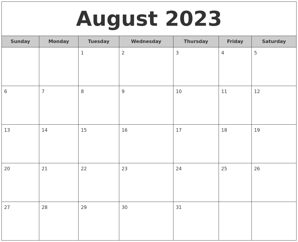 August 2023 Free Monthly Calendar