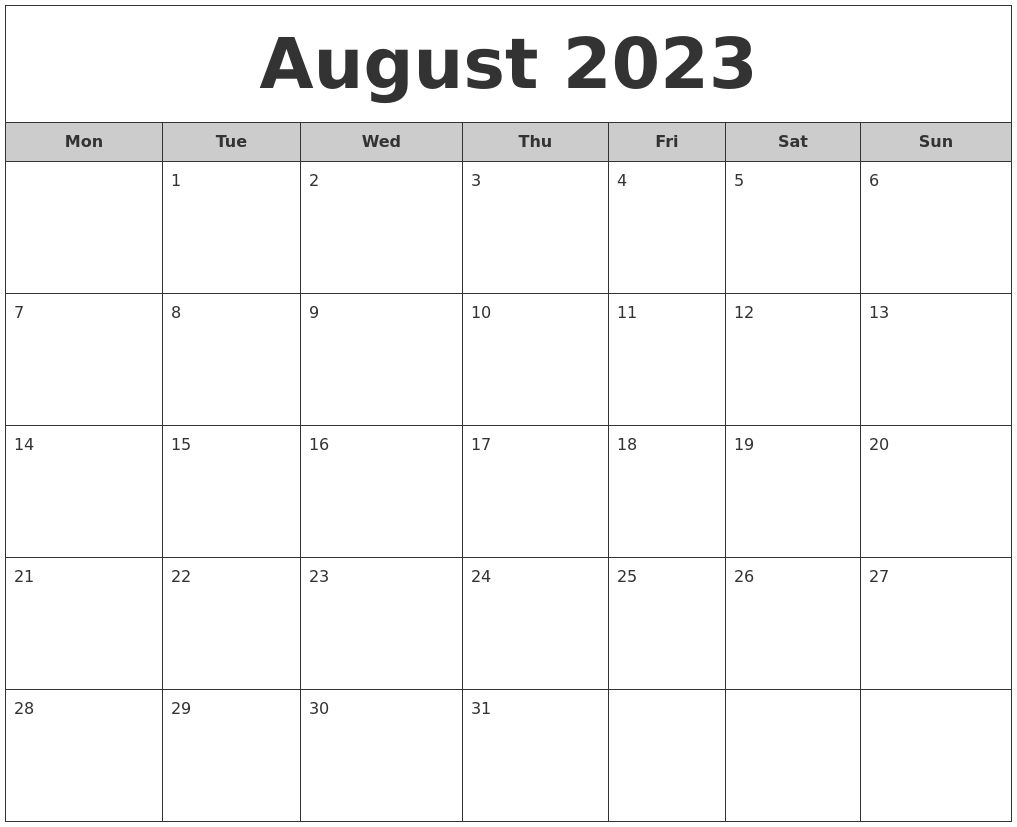 August 2023 Free Monthly Calendar