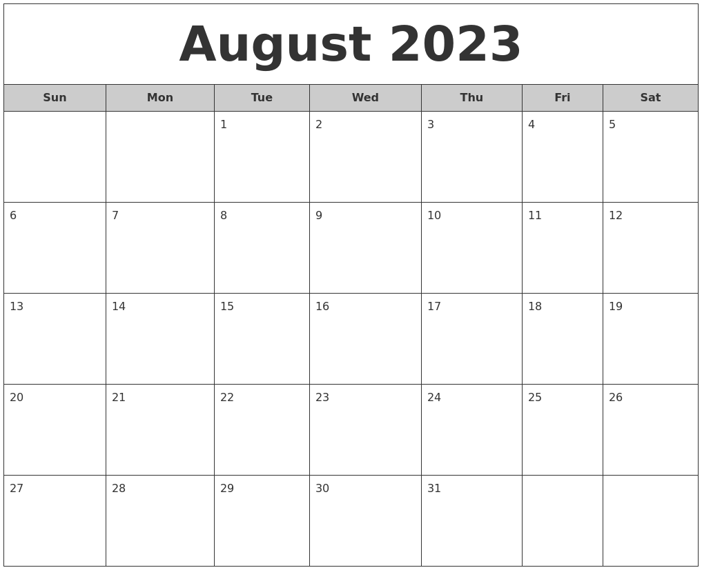 August 2023 Free Monthly Calendar