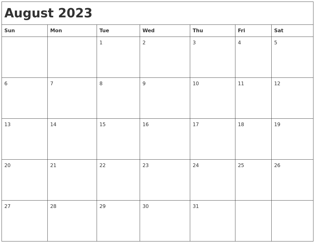 August 2023 Month Calendar