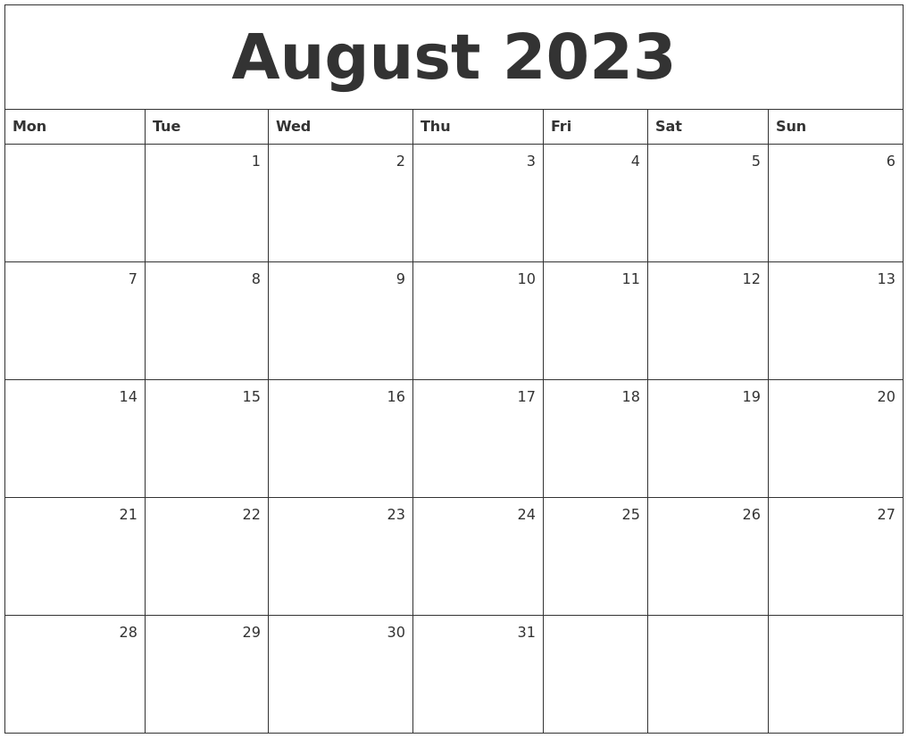 August 2023 Monthly Calendar