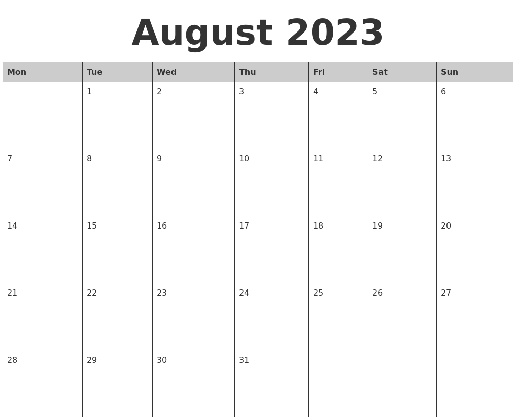August 2023 Monthly Calendar Printable