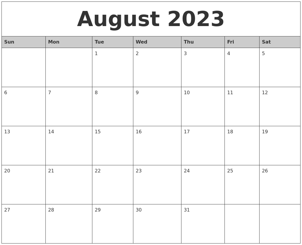 August 2023 Monthly Calendar Printable