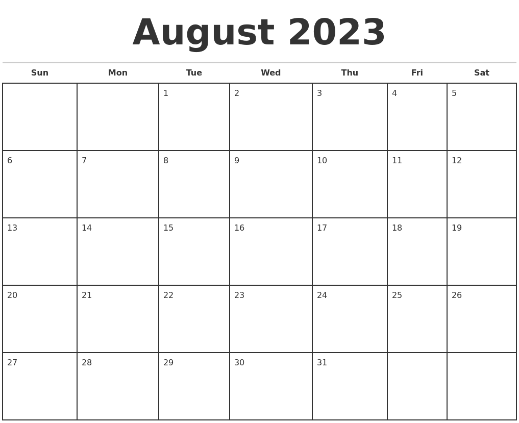 August 2023 Monthly Calendar Template