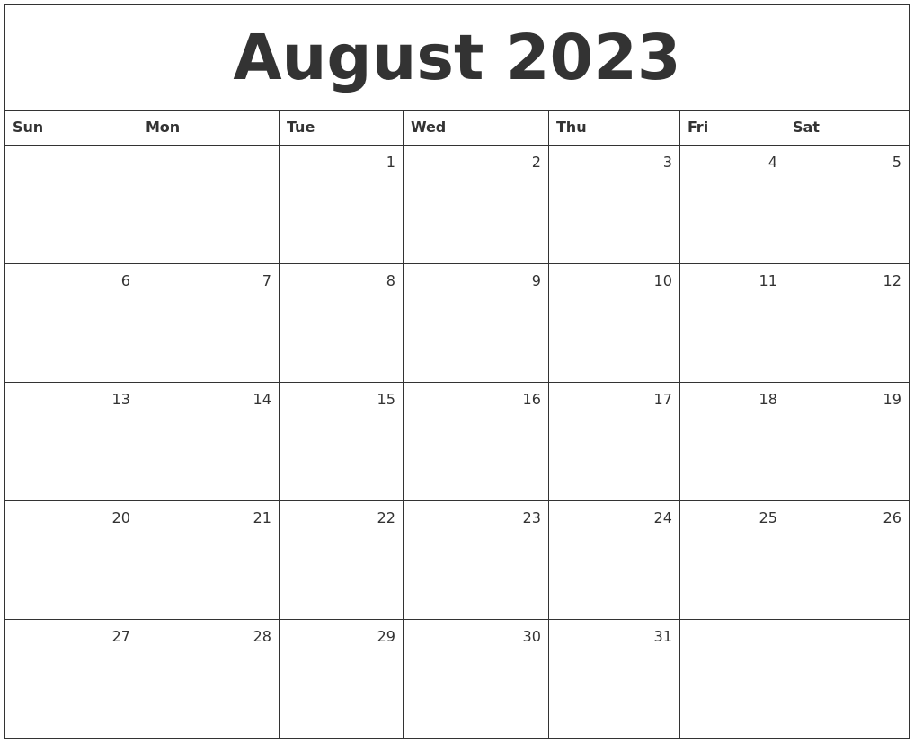 August 2023 Monthly Calendar