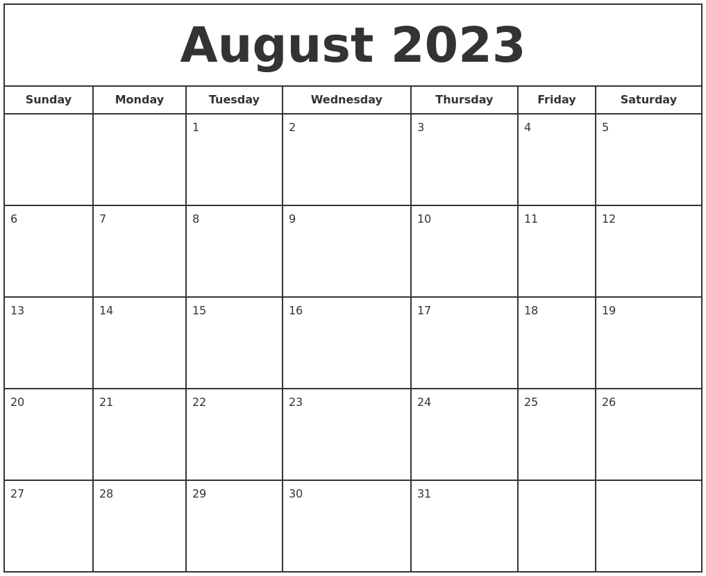 August 2023 Print Free Calendar