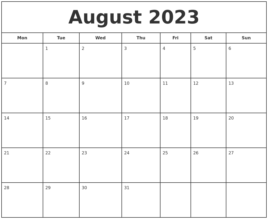 August 2023 Print Free Calendar