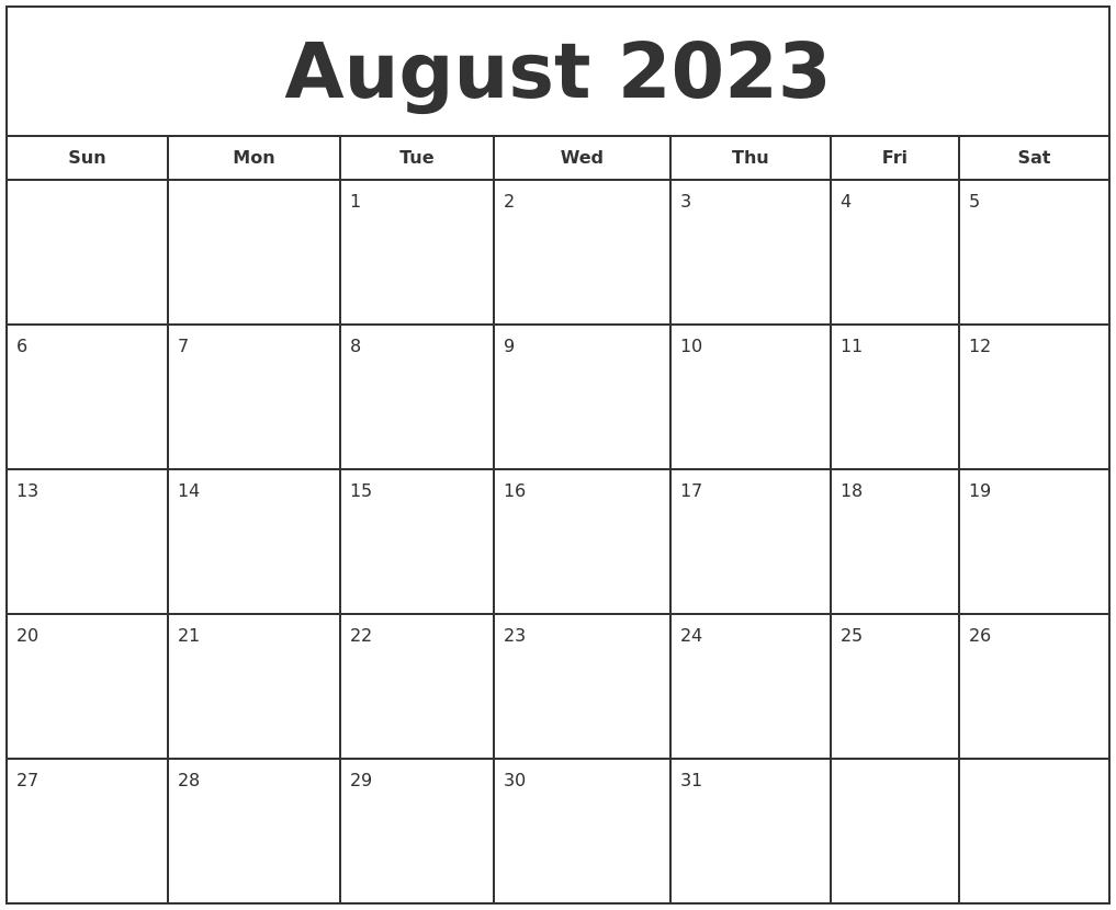 August 2023 Print Free Calendar
