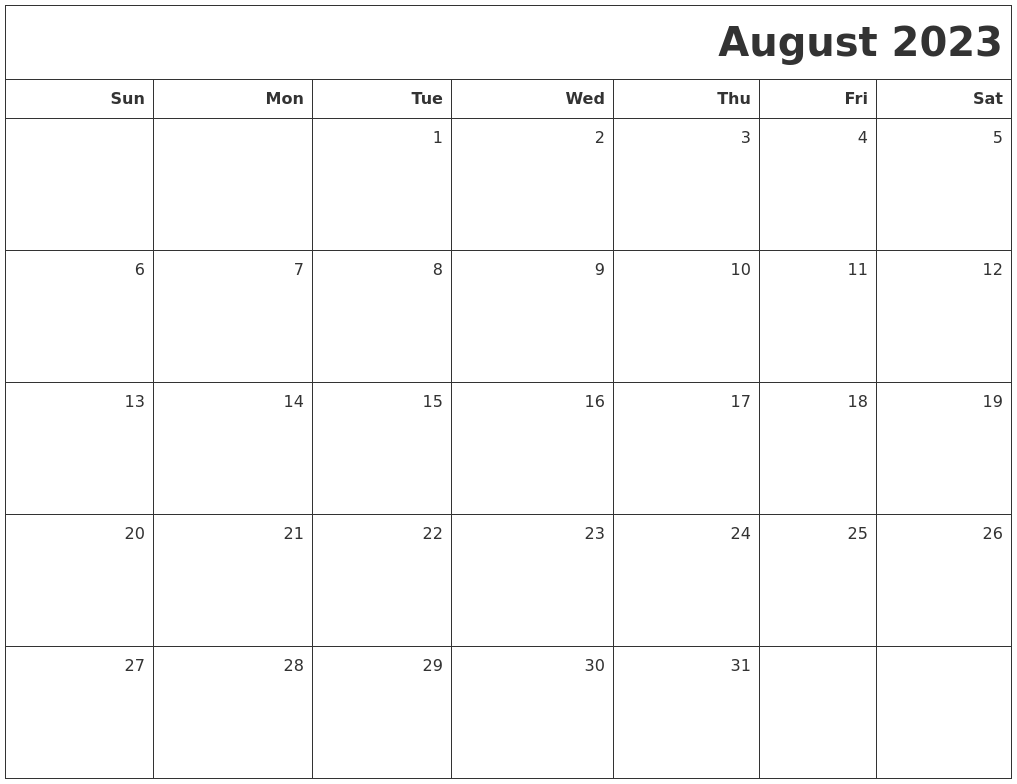 August 2023 Printable Blank Calendar