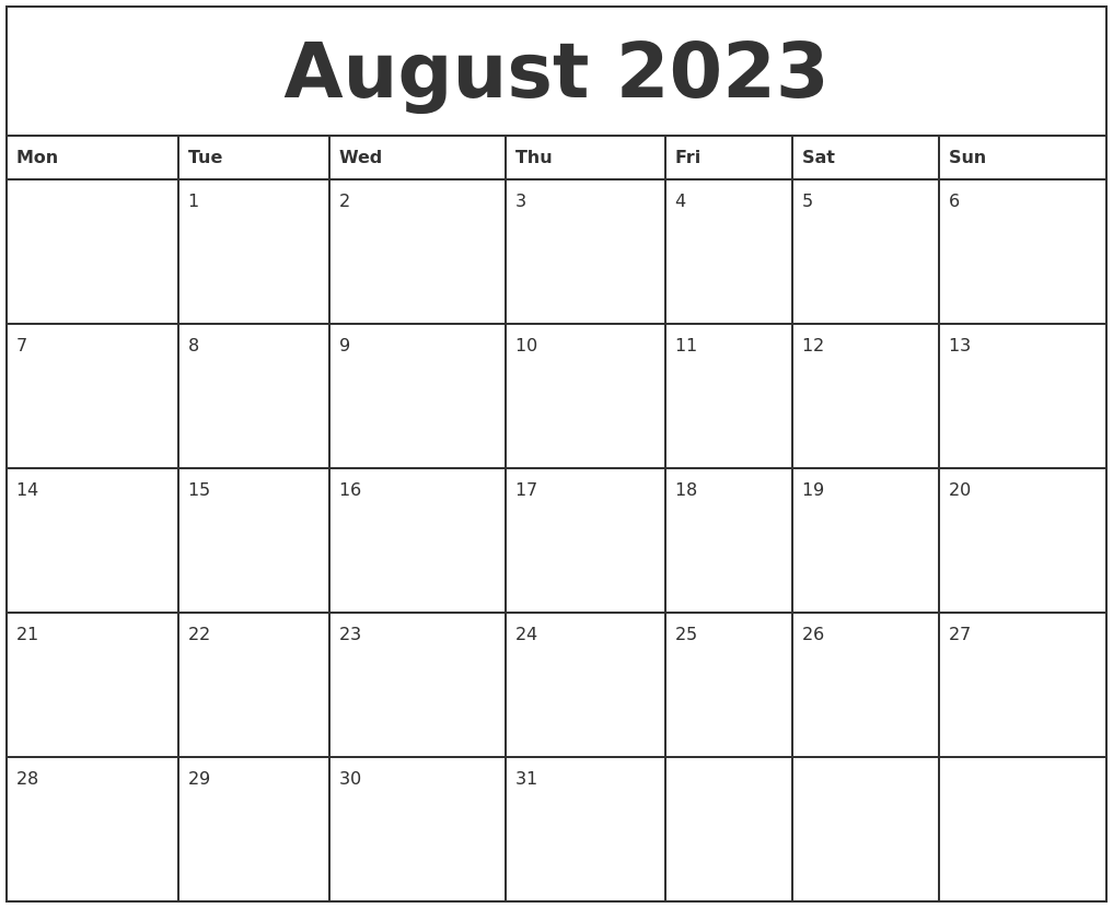 August 2023 Printable Monthly Calendar