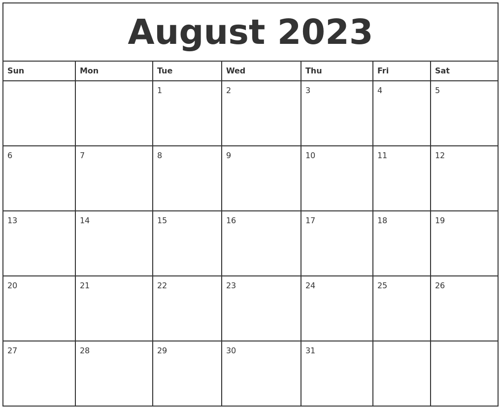 August 2023 Printable Monthly Calendar