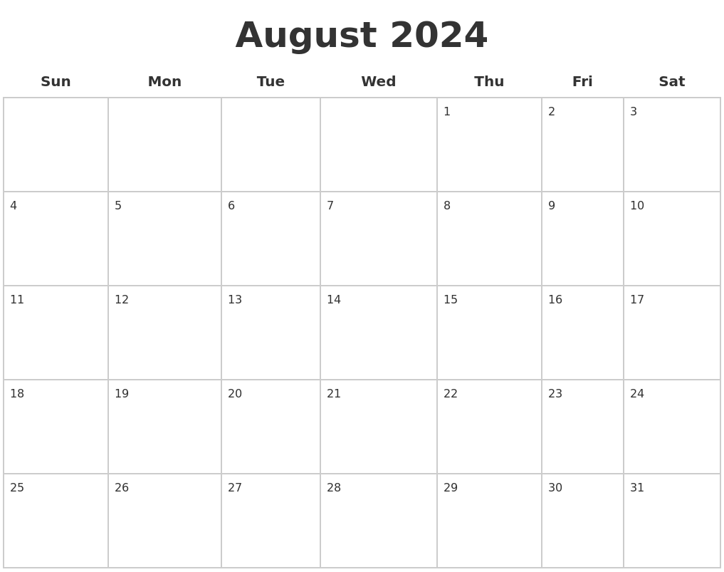 August 2024 Blank Calendar Pages