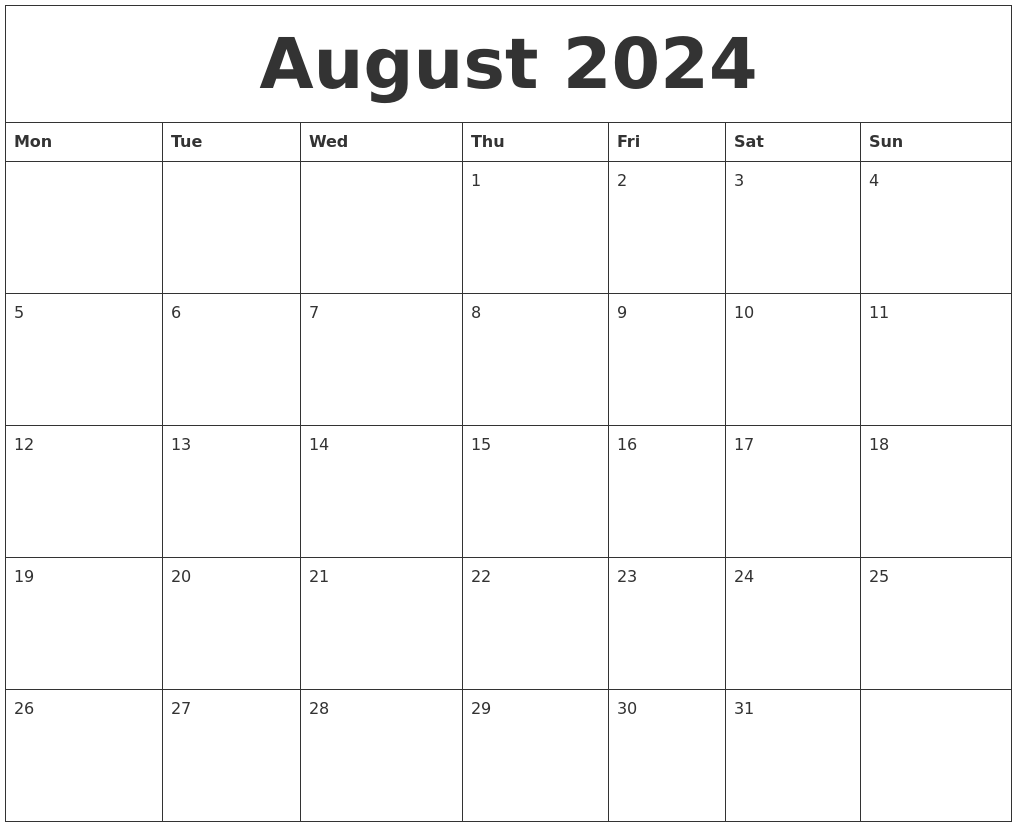 August 2024 Blank Monthly Calendar Pdf