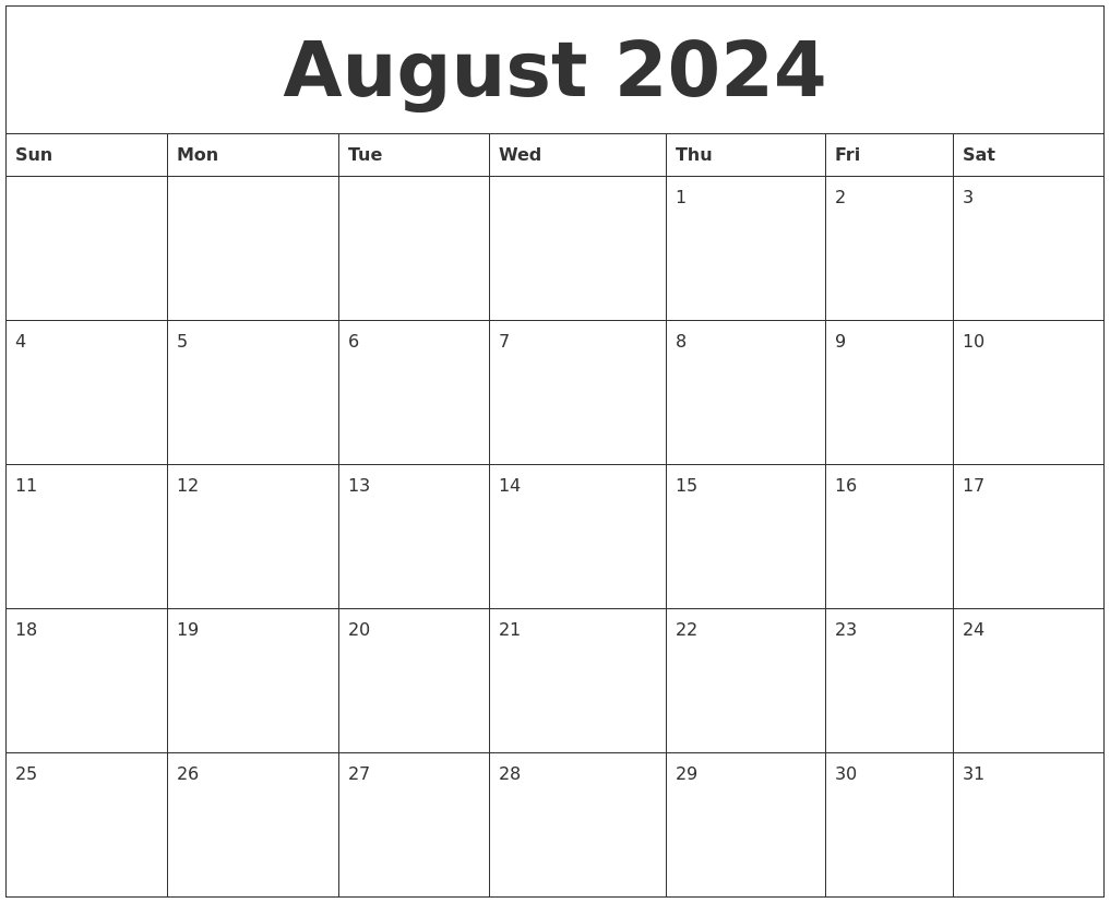August 2024 Blank Monthly Calendar Template