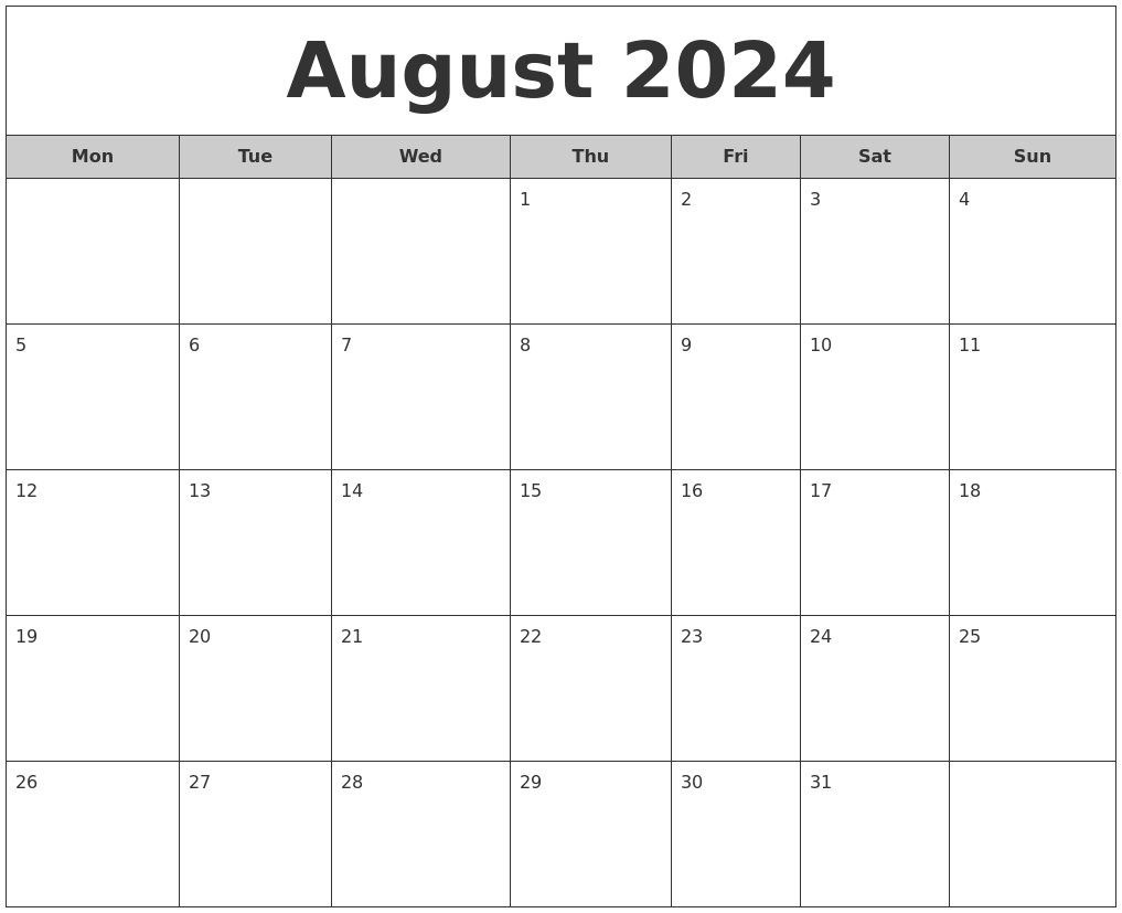 August 2024 Free Monthly Calendar