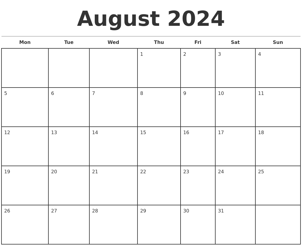 August 2024 Monthly Calendar Template