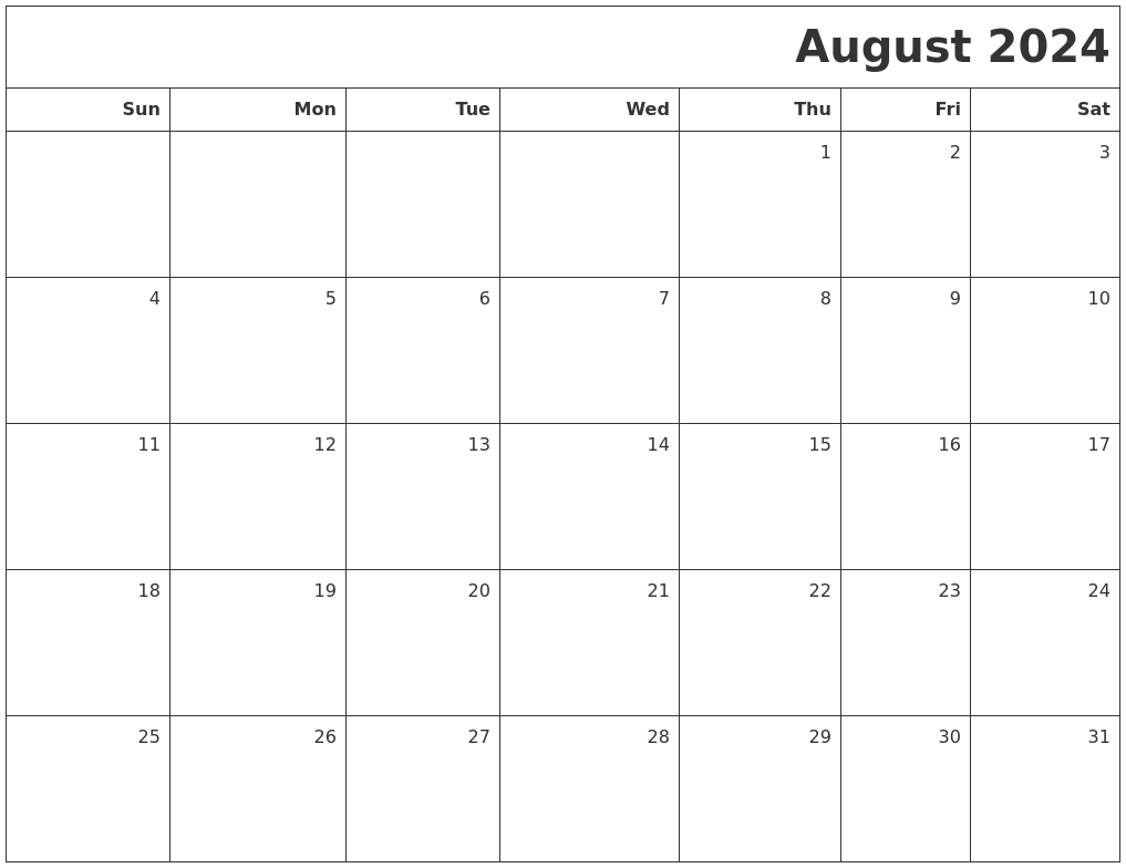August 2024 Printable Blank Calendar