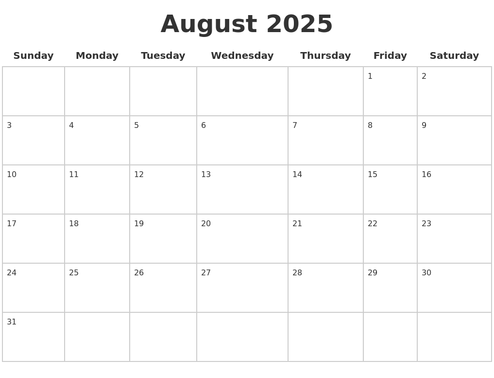 August 2025 Blank Calendar Pages