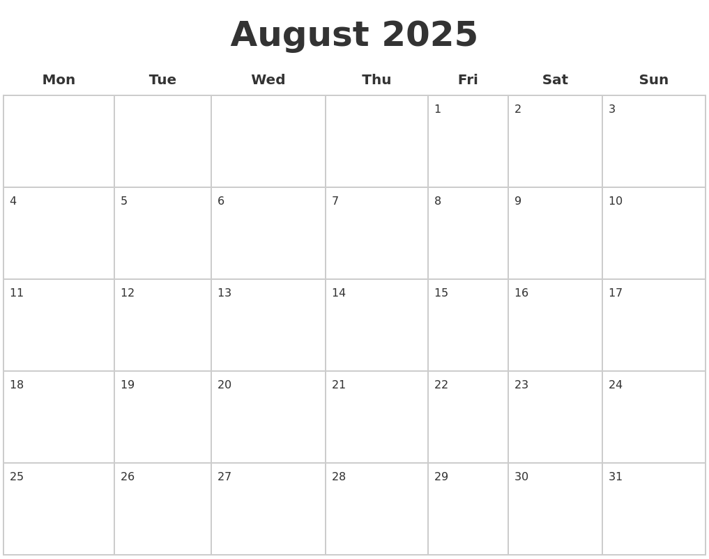 August 2025 Blank Calendar Pages