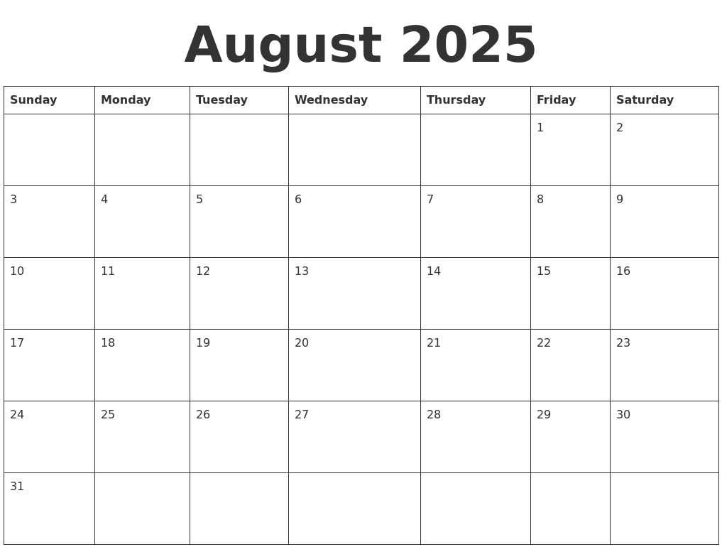 August 2025 Blank Calendar Template