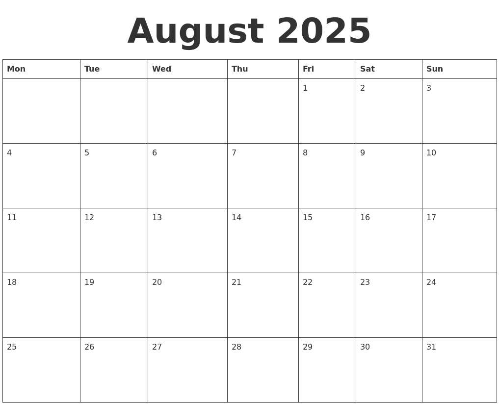 August 2025 Blank Calendar Template