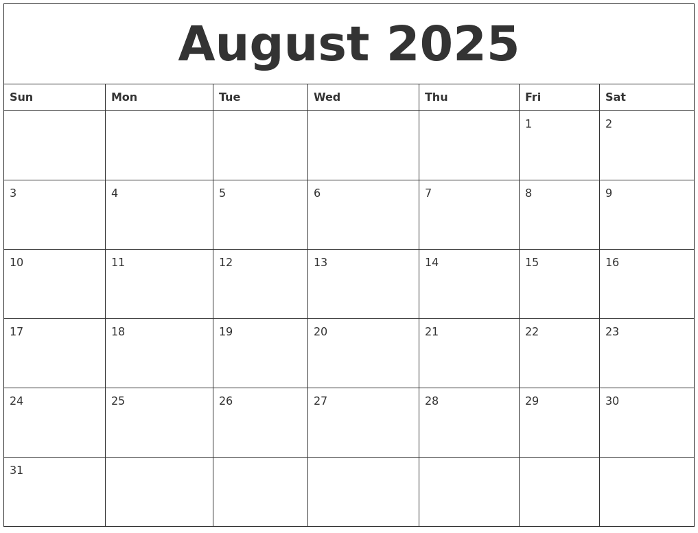 August 2025 Blank Calendar To Print