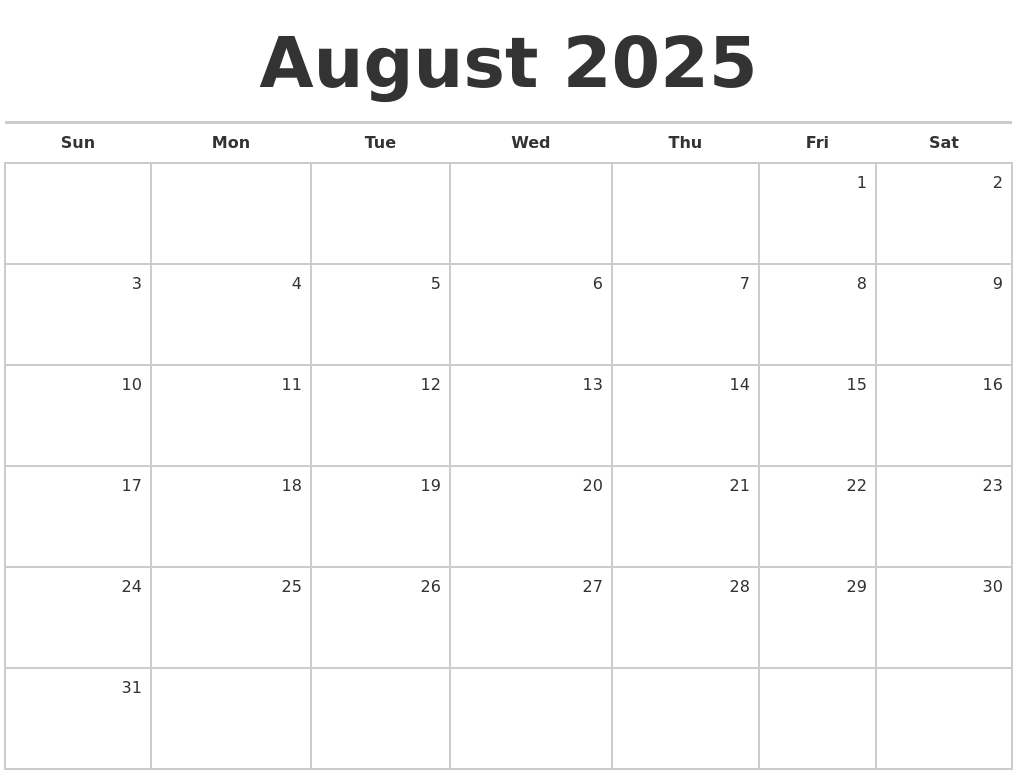 August 2025 Blank Monthly Calendar