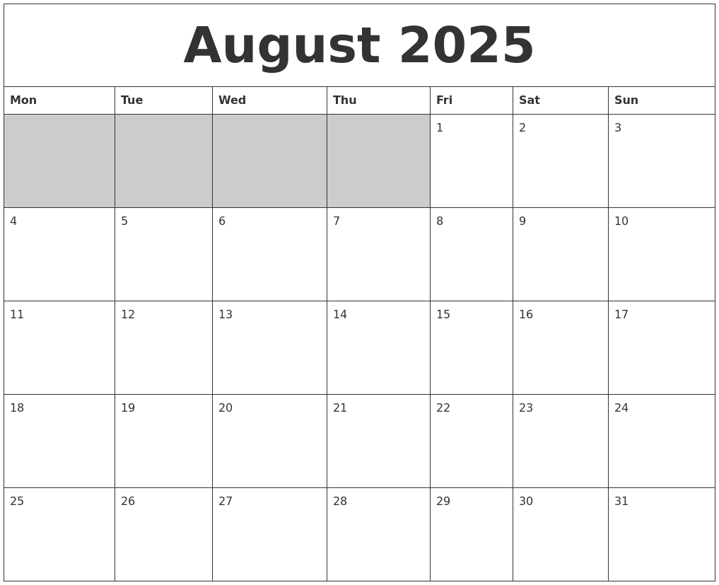 August 2025 Blank Printable Calendar