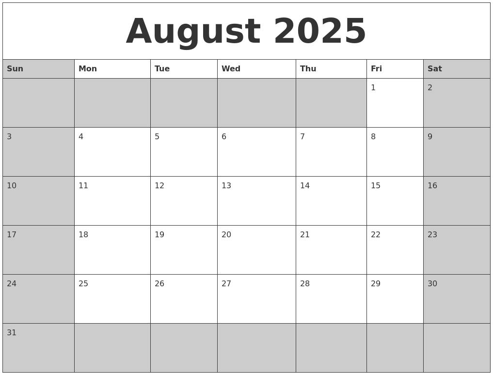August 2025 Calanders