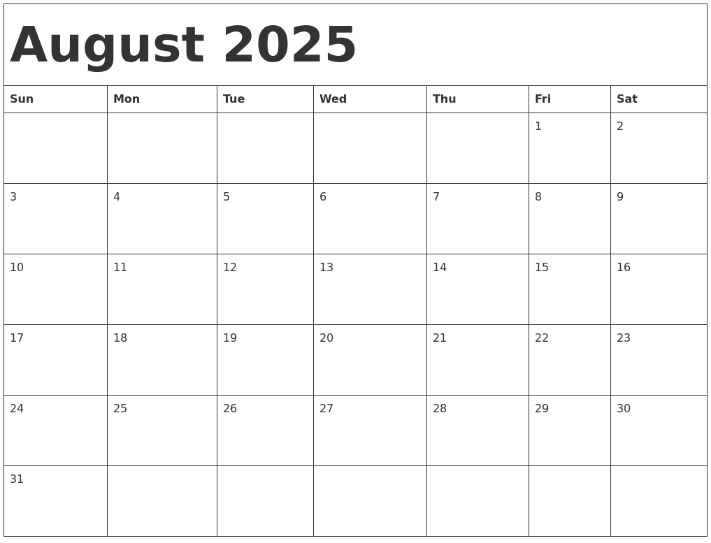 August 2025 Calendar Template