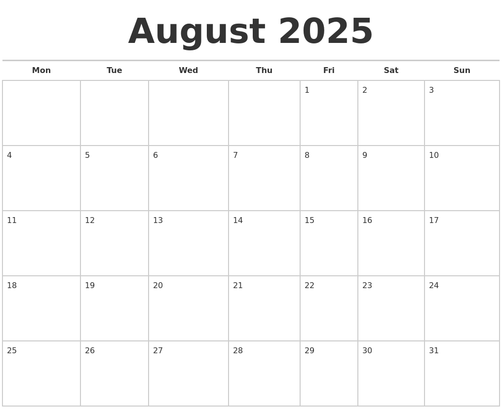 August 2025 Calendar Printable Free