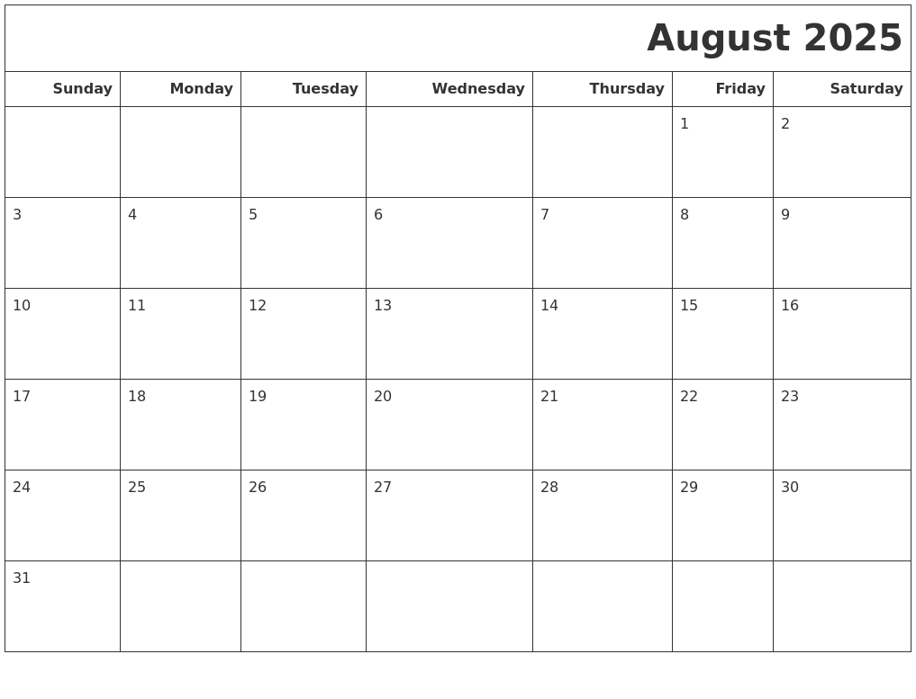 August 2025 Calendars To Print