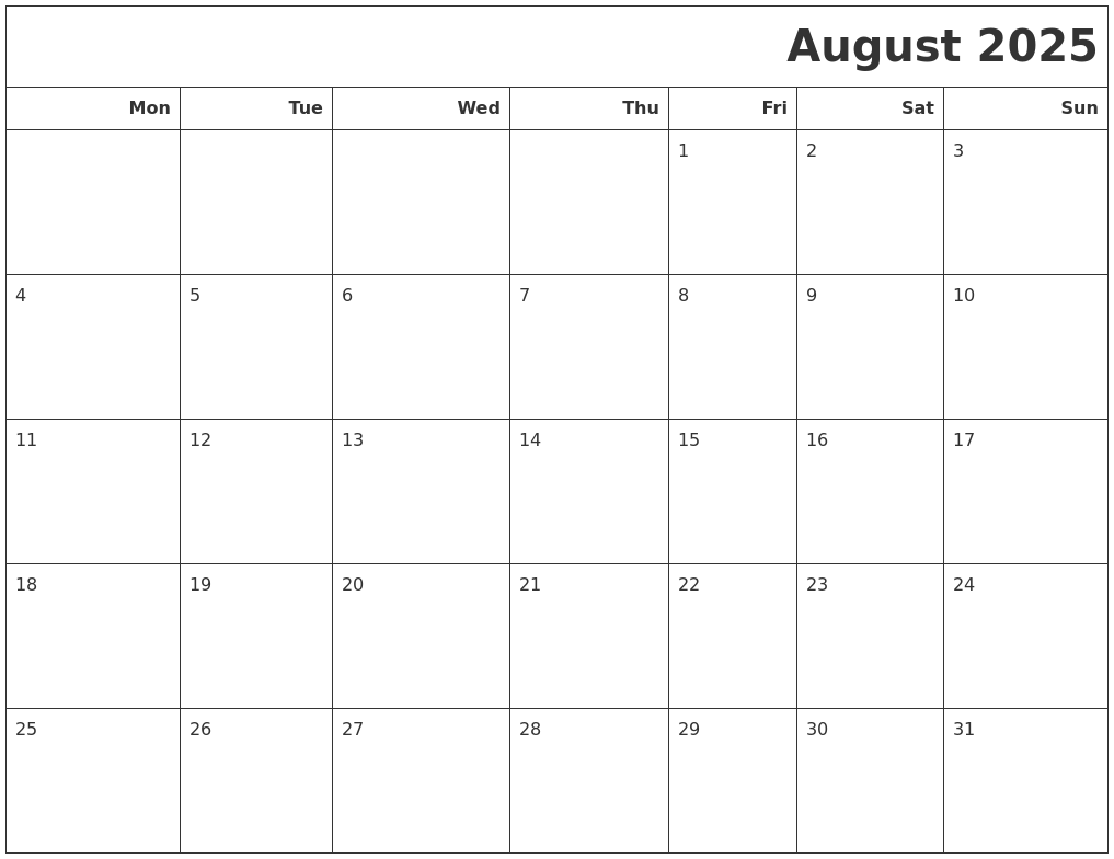 August 2025 Calendars To Print
