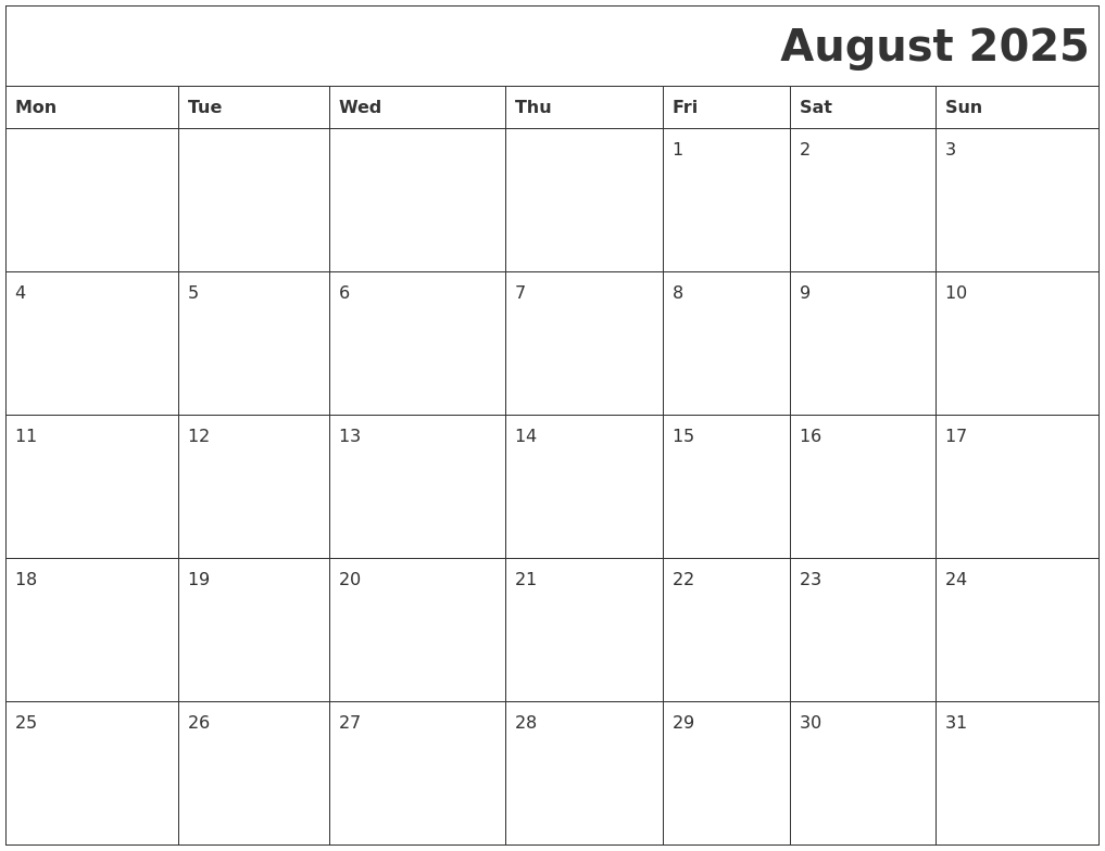 August 2025 Download Calendar
